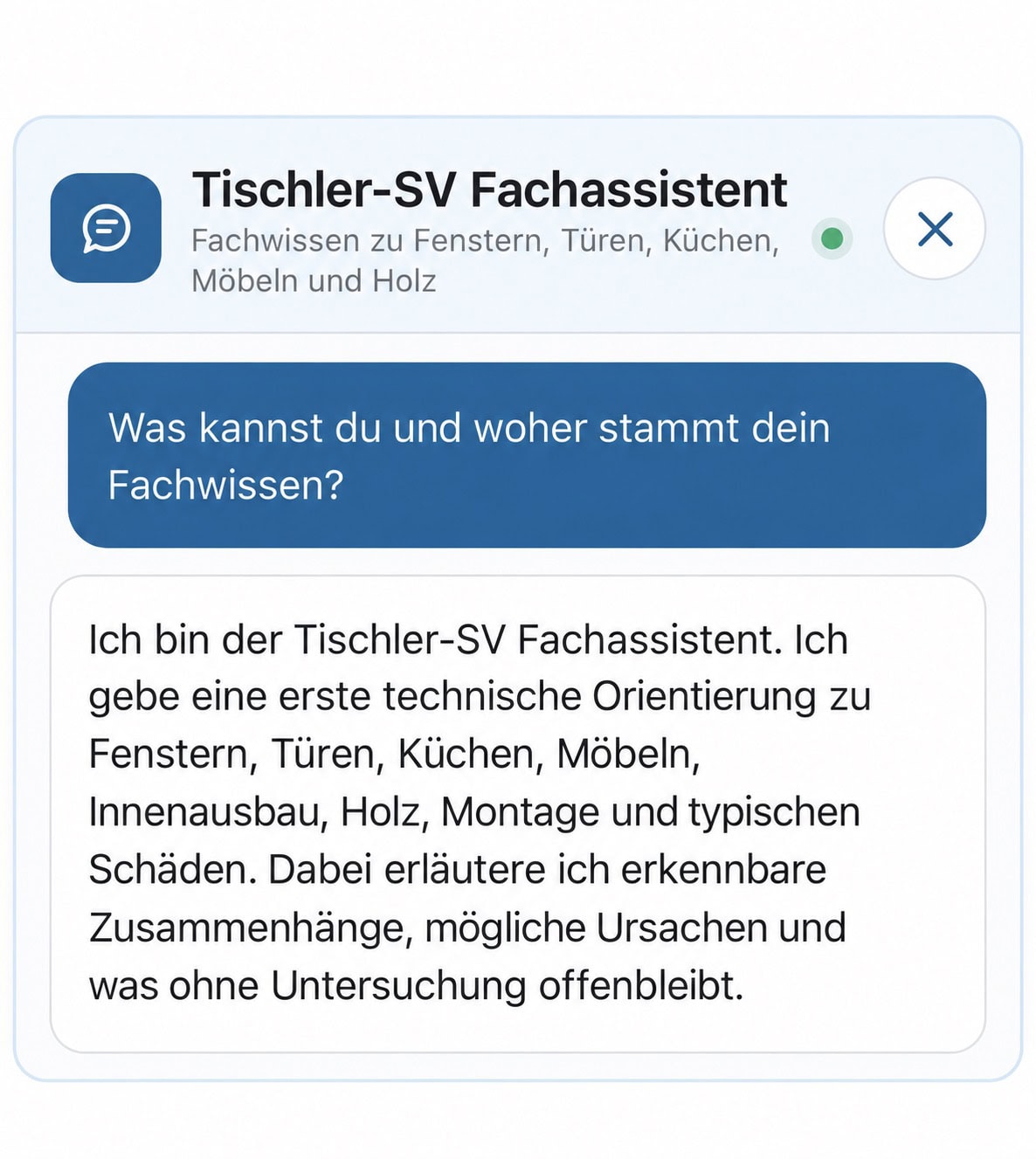 Tischler-SV Fachassistent mit einer Beispielantwort zum eigenen Fachwissen